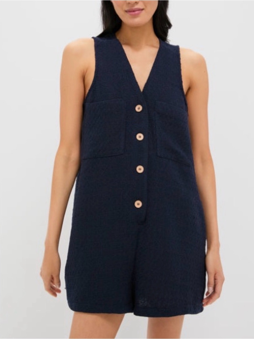 Tuckernuck Pomander Place Navy Button-Front Sleeveless Romper